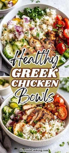 healthy greek chicken bowls with rice, tomatoes and cucumbers