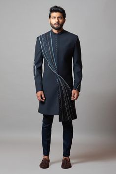 Buy Blue Dupion Silk Embroidery Sequin Achkan Trouser Set For Men by Kommal Sood Online at Aza Fashions. Sangeet Outfit For Men, Black Sherwani, Threadwork Embroidery, Cutdana Work, Grey Suit Men, Indian Groom Wear, Wedding Dresses Men Indian