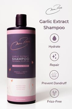 Our Garlic Extract Shampoo is our most popular item and with good reason!  The garlic extract helps hydrate and repair damaged hair while preventing dandruff. Available for Normal/Dry Hair and Oily Hair. Your beautiful, frizz-free hair will thank you. — #haircare #hair #beauty #naturalhair #healthyhair #latinaowned #garlicshampoo Garlic Shampoo, Dry Hair Repair, Hair Care Business, Hair Science, Embracing Diversity, Shampoo Brands, Repair Damaged Hair