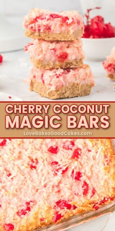 Cherry Coconut Magic Bars pin collage Coconut Magic Bars, Air Fryer Hacks, Chocolate And Coconut, Cherry Coconut, Fruity Treats, Magic Bars, Cherry Cookies, Coconut Desserts, Cherry Desserts