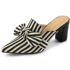 PRICES MAY VARY. Vamp: Stripe Fabric; Outsole: Rubber; Heels: ABS Pointy Toe, Slip On, Chunky High Heels, Slides Mules Occasion: Party, Office, Casual, Halloween days, Christmas Days, Dating, Evening Please note that color may vary slightly according to monitor settings Heel Height: 3 1/8 inches These chunky heel mules are made of stripe fabric with a cute bow at the fronts, lightly padded upper insoles. Update your personal style with this pair of heels that will last for all memories!  Heel Sl Heel Mules, Chunky High Heels, Fashion Sandals, Mule Clogs, Striped Fabrics, Cute Bows, Chunky Heels, Slides, Women's Shoes Sandals