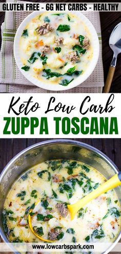 two pictures showing different types of food and the words keto low carb zupa toscana