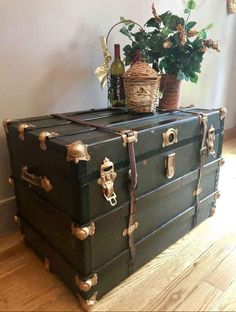 two trunks stacked on top of each other in front of a potted plant and wine bottle