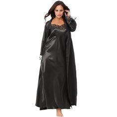 Feel luxurious in this beautiful satin nightgown and dressing robe set, perfect for a touch of romance and comfort. Slip features adjustable skinny straps and elegant lace trim for a feminine touch. Enjoy the full-sweep design of the nightgown, offering ultimate comfort and ease of movement. Coordinating robe with long sleeves enhances the set with lace trim on the neck and cuffs for a refined look. Keep everything secured with the included self-tie sash, ensuring a perfect fit all night long. G Black Satin Sleepwear With Lace Trim, Black Satin Nightgown For Wedding Night, Black Nightgown For Home, Lace Top Gown, Gothic Cottage, Satin Nightgown, Knit Gown, Peignoir Sets, One Piece Clothing