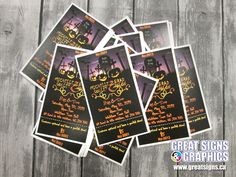 six halloween flyers are stacked on top of each other in front of a wooden background