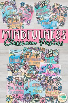 an adult coloring book with the title mindfulness classroom posters on top of it