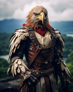 an eagle dressed in armor standing on top of a hill