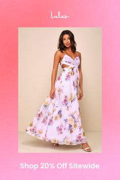 The Lulus Exceptional Dream Lavender Floral Backless Cutout Maxi Dress is ready to bring undeniable elegance wherever you go this spring! A romantic, multicolored floral print adorns gauzy woven chiffon as it shapes this darling dress that boasts a princess-seamed bodice with a flirty surplice neckline and a backless design, all supported by adjustable spaghetti straps. A pleated, crisscrossing waist boasts sultry side cutouts, atop a flowy, A-line skirt that cascades down to a sweeping maxi hem Backless Maxi Dress, Lulu Fashion, Cutout Maxi Dress, Lavender Floral, Bridal Party Dresses, Surplice Neckline, Backless Design, Backless Maxi Dresses, Darling Dress