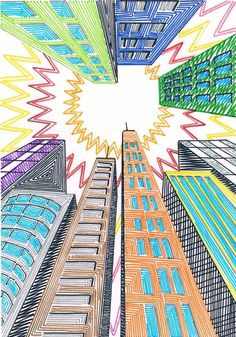 a drawing of buildings with colored lines in the middle