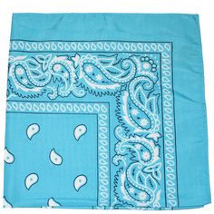 a blue bandanna with white paisley on it