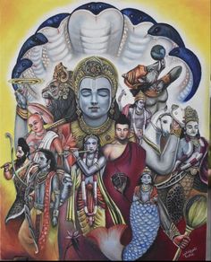 a painting of buddha surrounded by other people