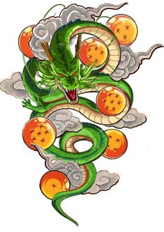 a green dragon with oranges and clouds around it