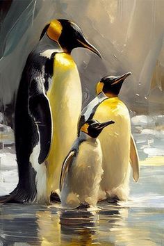 three penguins are standing in the water together