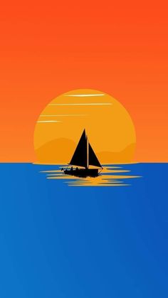 a sailboat in the ocean at sunset with an orange and blue sky behind it