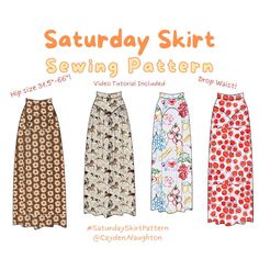 four different skirts with the words saturday skirt sewing pattern written below them in orange and white