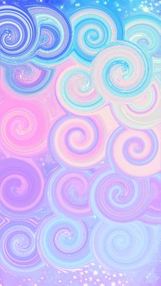 an abstract painting with swirls and stars in the sky on a blue, green, pink