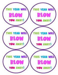 this year will blow stickers are available in pink, blue and green colors with the words blow on them