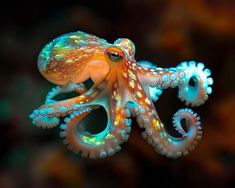 an orange and blue octopus is floating in the water