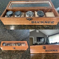 a wooden box with watches in it on top of a counter