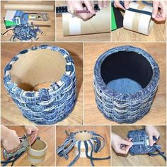 there are many pictures of different things made out of old jeans and paper towels on the table