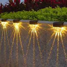 four lights that are sitting on the side of a cement wall with plants in the background