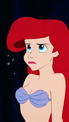 ariel from the little mermaid with blue eyes and red hair, standing in front of black background