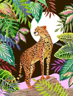 a painting of a cheetah standing on a tree branch surrounded by tropical leaves