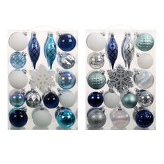 two pictures of christmas ornaments in different shapes and sizes, one blue and the other white