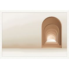 an arch in the middle of a white wall with sunlight coming through it and light at the end