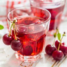 cherries are sitting in a glass with ice