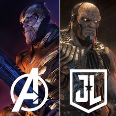 the avengers logo and an image of thanos