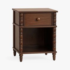 a wooden night stand with two drawers on one side and an open drawer on the other