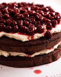 a chocolate cake topped with cherries and whipped cream