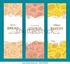 three vertical banners for bakery with hand drawn food and desserts on them, in pastel colors