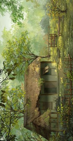 a painting of a tree house in the woods