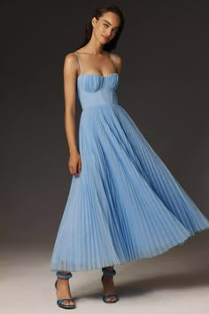 Hutch Amara Bustier Pleated Tulle Fit & Flare Midi Dress | Anthropologie Blue Wedding Guest Dresses, Amara Dress, Pleated Tulle, Flare Midi Dress, Tulle Midi Dress, Wedding Attire Guest, Blue Bridesmaid Dresses, Blue Bridesmaids, Wedding Bridesmaid Dresses