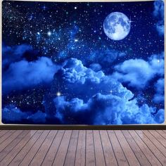 the night sky with stars and clouds is shown in an empty room, as well as a full moon