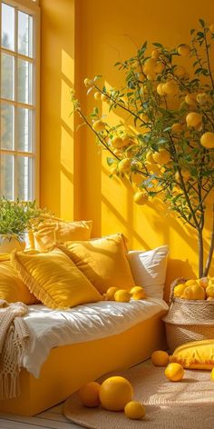 a yellow room with lemons on the floor and a potted tree in the corner