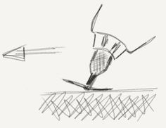 a pencil drawing of a person skiing down a hill with an arrow pointing to the left