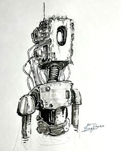 a black and white drawing of a robot