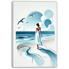 a woman walking on the beach with birds flying above her and an ocean scene in the background