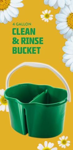 a green bucket with white daisies around it and the words, 4 gallon clean & rinse bucket