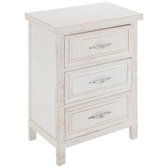 a white wooden cabinet with three drawers on one side and two drawers on the other