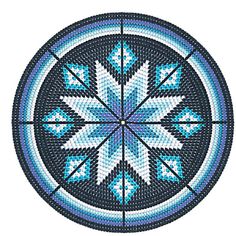 a blue and white cross stitched snowflake in the center of a circle