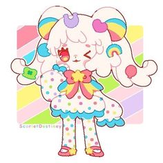 a cartoon girl with pink hair and polka dots on her dress, holding a rainbow colored bow