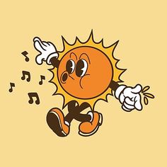 an orange cartoon character with music notes coming out of his ears and hands, on a yellow background