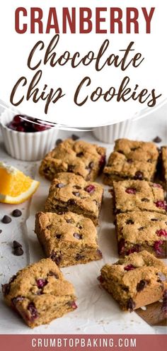 cranberry chocolate chip cookies are cut into squares and placed on top of each other