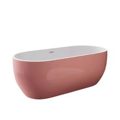 the bathtub is pink and white with a rounded design on the front, along with an oval rim