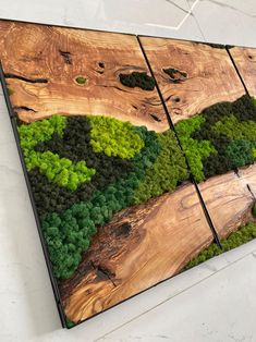 three pieces of wood that have been made to look like trees and grass on them