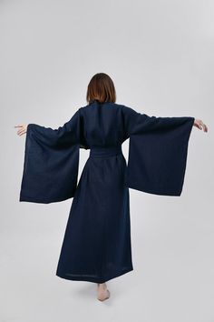 This exquisite Japanese kimono dress is the perfect gift for the special woman in your life - whether it's your girlfriend or wife. Crafted from high-quality linen, this long jacket effortlessly combines comfort and style. This versatile piece can be styled as a coat, a maxi boho cardigan, or a minimalistic linen robe, making it a must-have addition to any eco-friendly wardrobe. Wrapped dress with long traditional Japanese kimono sleeves is suitable for various occasions, for recreation and spec Long Sleeveless Kimono Winter, Luxury Traditional Winter Kimono, Traditional Long Kimono, Luxury Traditional Long Sleeve Kimono, Traditional Japanese Outfit, Traditional Japanese Fashion, Traditional Japanese Clothes, Fancy Kimono, Japanese Style Dress